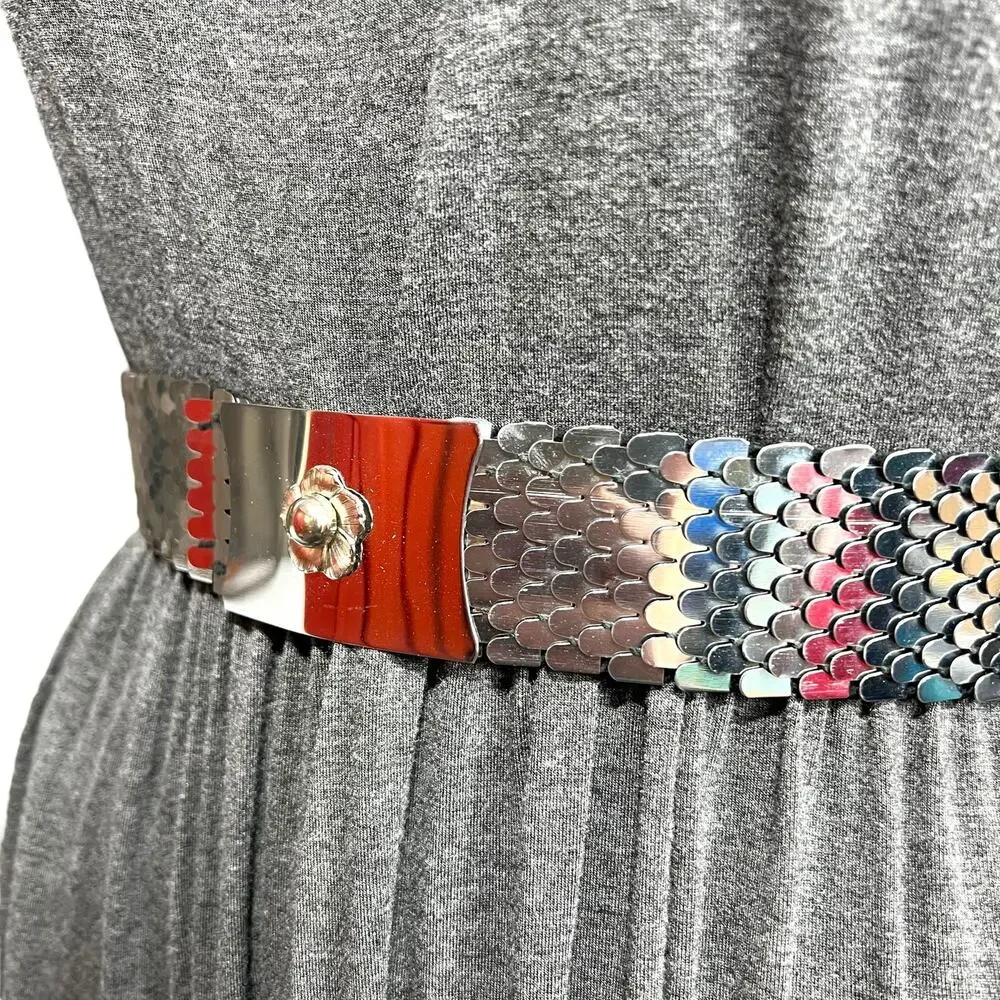 Vintage 80s 90s Wide Scale Stretch Belt Multicolor Silver Flower Buckle 26 Inch